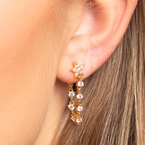 Gold Star Dangle Earrings: Cubic Zirconia, Sterling Silver