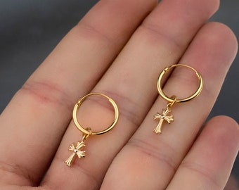 Dainty earrings, Gold Cross Earrings, Silver Cross Hoop Earrings, X Earrings, Earrings with Cross charm, Tiny gold hoops, Tiny hoops