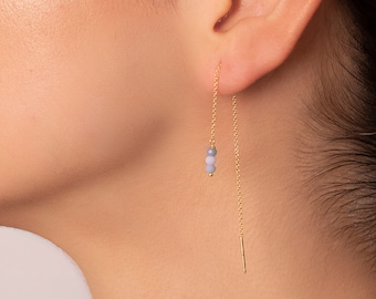 Opal Beads Threader Earrings: Sterling Silver, Long Gold Chain