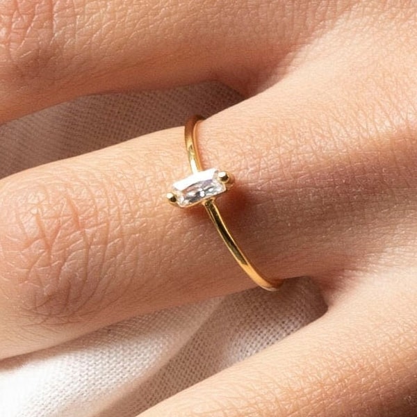Gold Plated Sterling Silver Baguette CZ Ring: Minimalist Promise Ring
