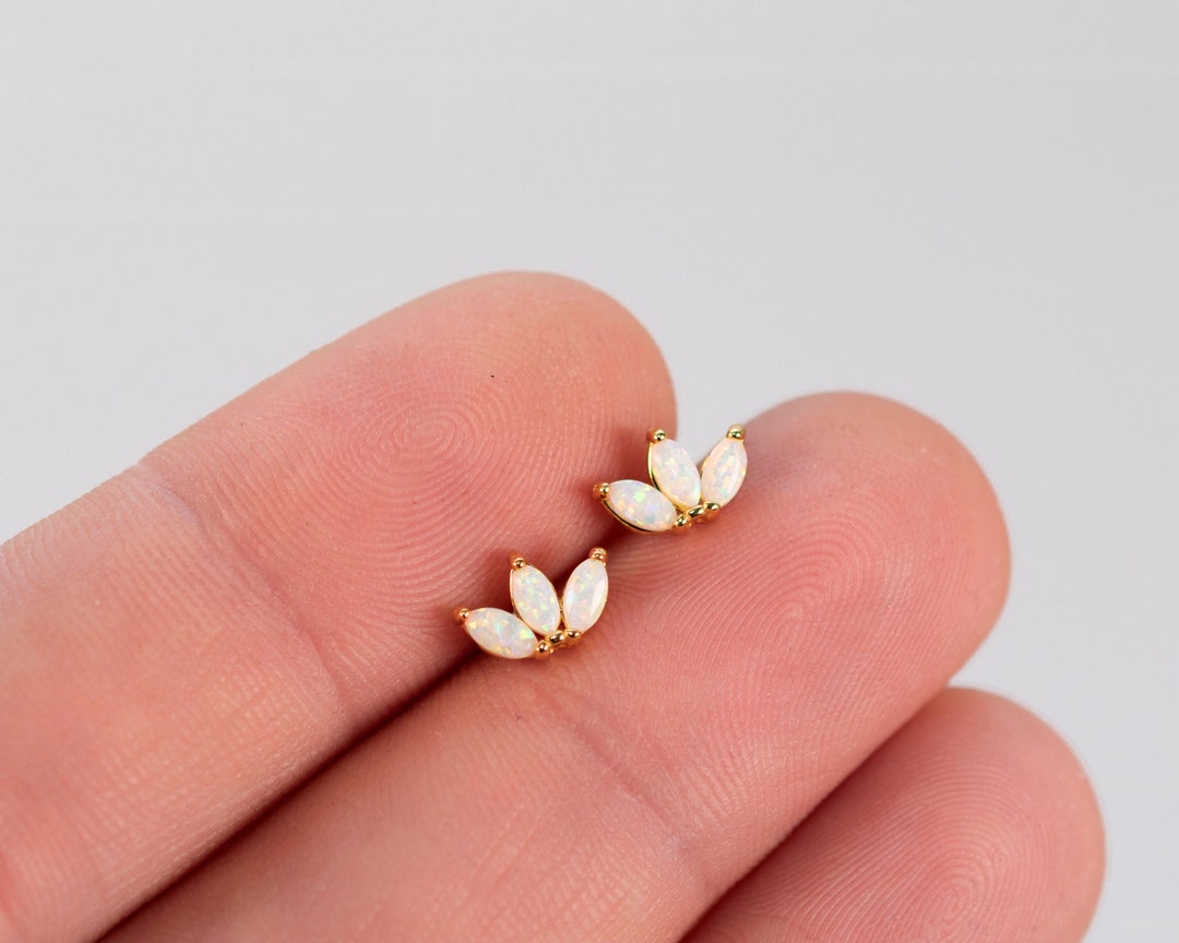 Flower opal stud earrings, Gold opal stud earrings, Dainty opal earrings, Marquise opal stud earrings, Tiny opal studs
