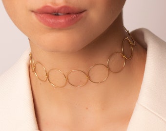 Gouden chunky chain choker ketting | Circles Choker ketting 925 Sterling zilver | Minimalistische in elkaar grijpende cirkel ketting | Sierlijke choker