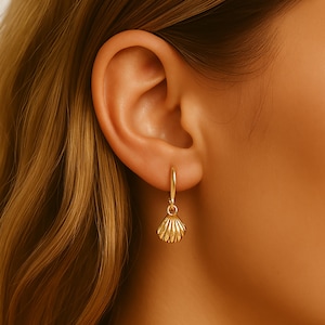 Gold Shell Charm Hoop Earrings: Sterling Silver Dainty Huggies