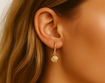 Gold Shell Charm Hoop Earrings: Sterling Silver Dainty Huggies