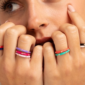 Colorful enamel ring, Gold enamel ring, Multicolor enamel rings, Cz rainbow ring, Multicolor enamel band ring