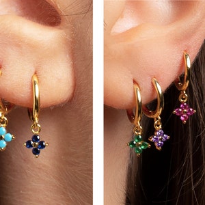 Dainty Flower Shaped Charm Huggie Hoop Earrings - Turquoise, Sapphire, Pink, Emerald, Purple cz