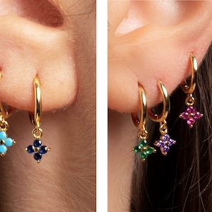 Dainty Flower Shaped Charm Huggie Hoop Earrings - Turquoise, Sapphire, Pink, Emerald, Purple cz