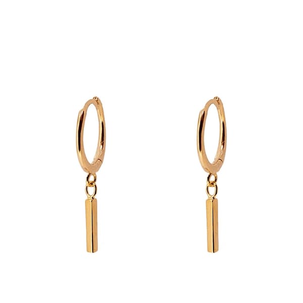Dainty 18k Gold Plated Bar Dangle Hoop Earrings: 925 Sterling Silver