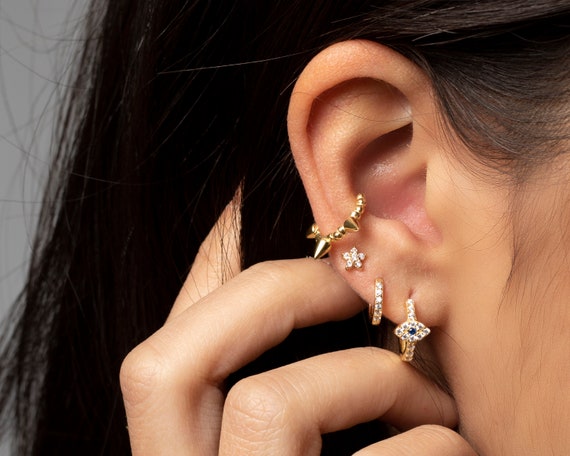 Sapphire hoops gold Tiny hoop earrings Huggie earrings Dainty earrings Minimalist earrings Eye charm gold hoops Cz evil eye earrings