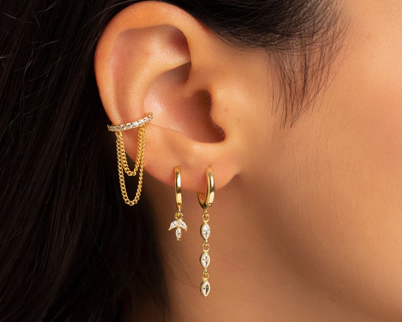925 Sterling Silver Single Dainty Double Hoop With Chain Minimal Hoop Earring 925 Sterling Silver Single Dainty Double Hoop With Chain Minimal Hoop Earring