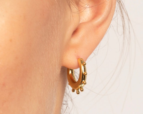 18k Gold Plated Beaded Huggie Hoop Earrings: Sterling Silver