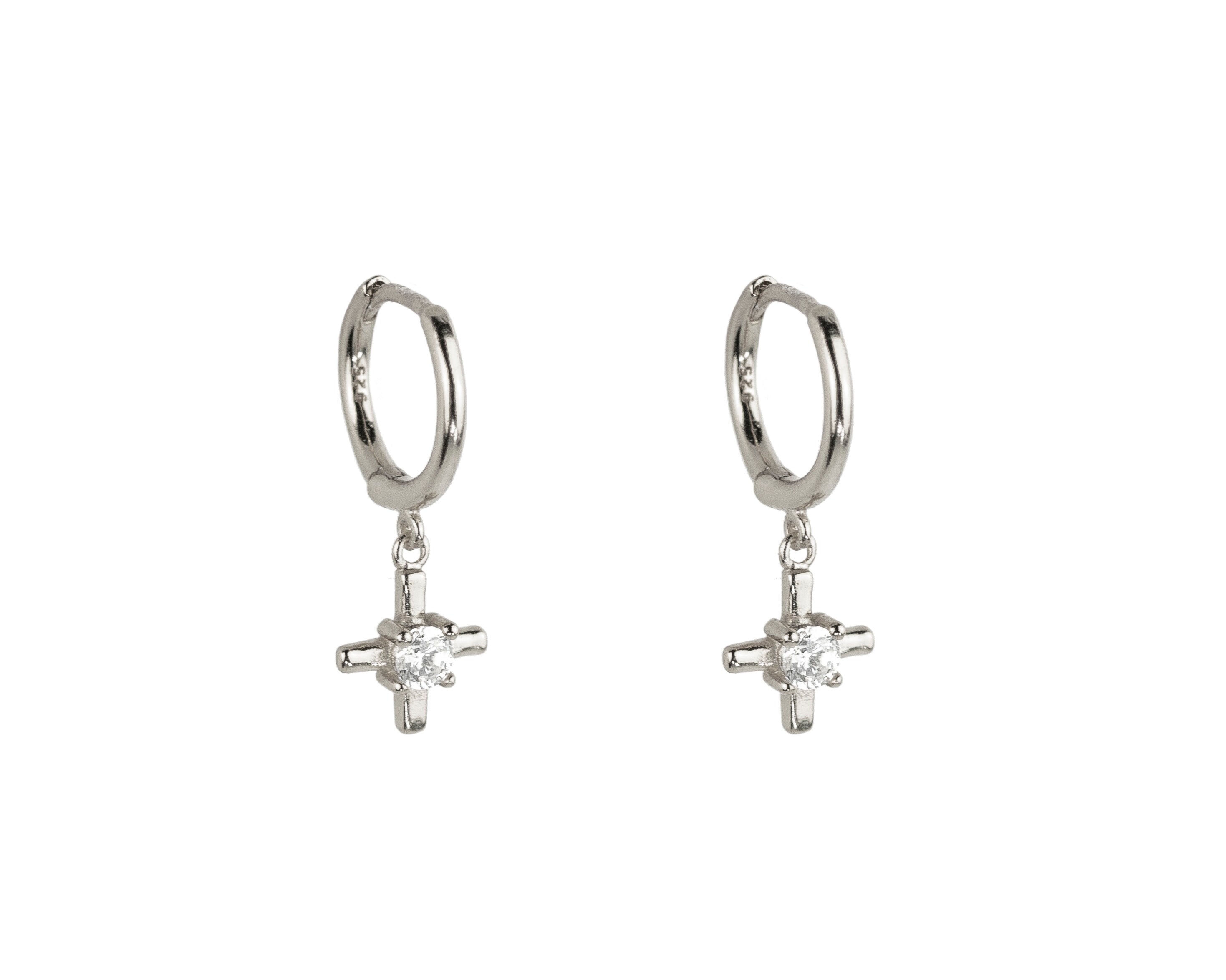 Orecchini a cerchio avvolgenti con ciondolo a croce pendente e zircone cubico - Argento Sterling - Oro 18k - Italia