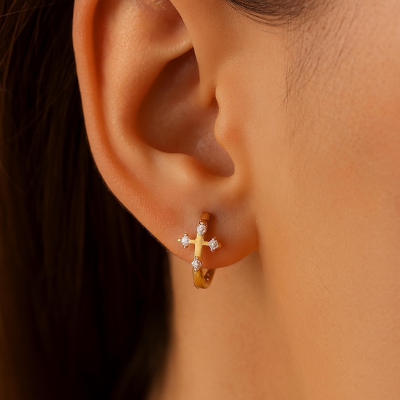 Cupimatch Cross Huggie Earrings For Women - Gold Enamel Hoops With 925 Sterling Silver Post, Hypoallergenic - View #7