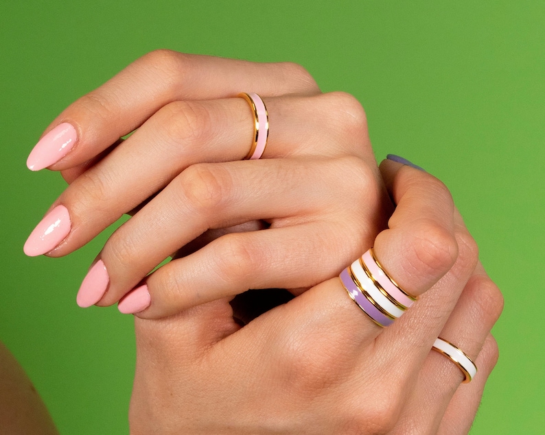 Enamel stacking ring, Pink enamel ring, Black enamel ring, White enamel ring, Purple enamel ring, 18k gold plated 925 sterling silver. image 1