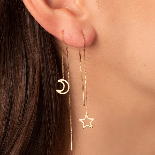 Dainty Moon & Star Threader Earring 18k Gold 925 Sterling silver | Threader Moon earring | Threader silver earring | Chain threader earring