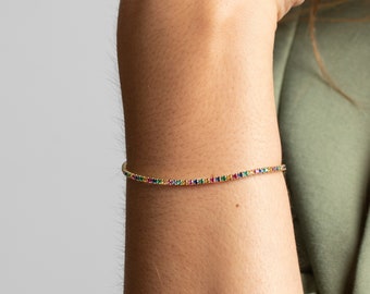Rainbow CZ Tennis Bracelet: 18k Gold Plated Sterling Silver Riviere