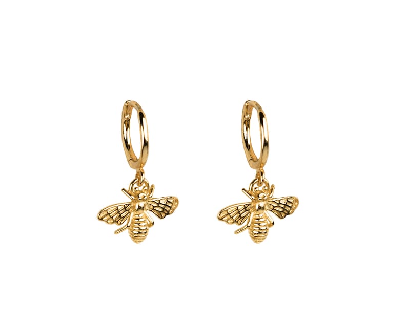 Bee hoop earrings gold 18k 925 sterling silver, Gold hoops, Dainty earrings, Hoop earring, Dangle hoop earrings, Gold earrings, Animal hoops image 2