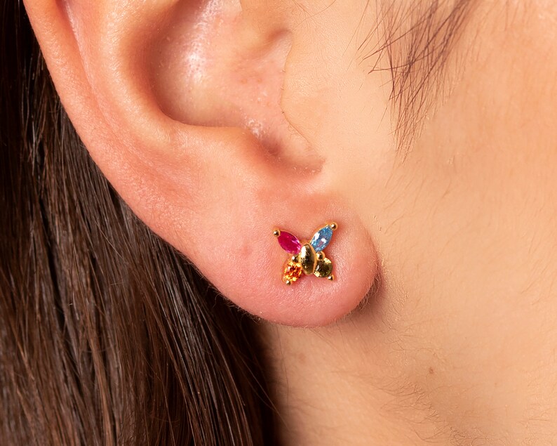 Tiny Multicolor Marquise Cz Butterfly Earrings butterfly stud earring Rainbow dainty earrings minimalist earrings tiny stud earrings image 1