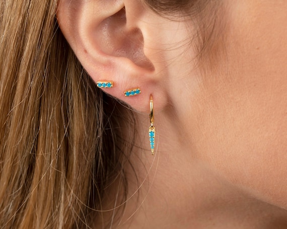 Tiny Turquoise Bar Stud Earrings: 18k Gold Plated Sterling Silver
