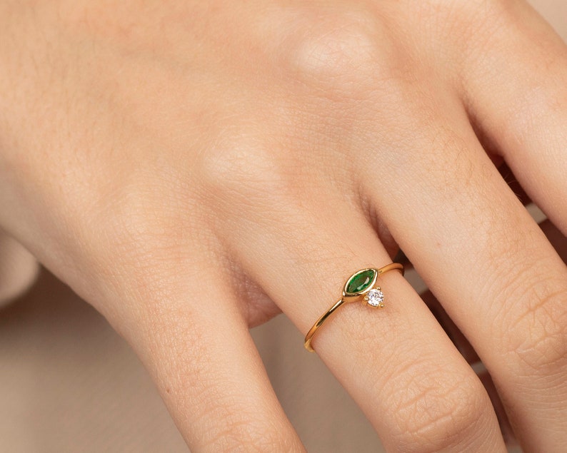 Emerald ring, Gold emerald ring, Solitaire gold ring, Minimalist ring, Dainty ring, Stacking emerald ring, Minimalist jewelry, Cz ring image 1