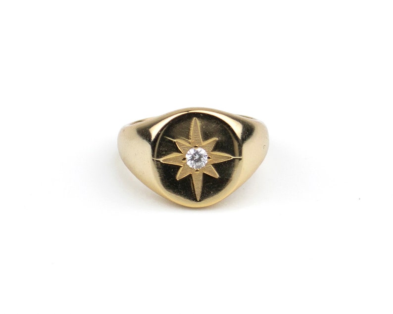 Signet ring, Star signet ring, Cz North Star gold ring, Minimalist signet gold 18k, Polaris ring, Dainty signet ring, Dainty gold ring image 7