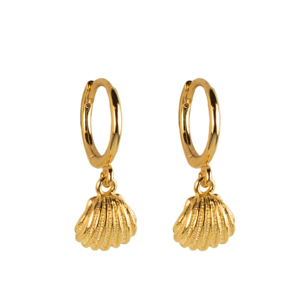 Shell hoops, Dangling charm shell hoops, Hoop earrings, Gold earrings, Dainty earrings, Huggie earrings, Minimalist hoop earrings