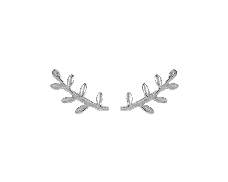 May include: A pair of silver leaf earrings. The earrings are shaped like a branch with leaves.