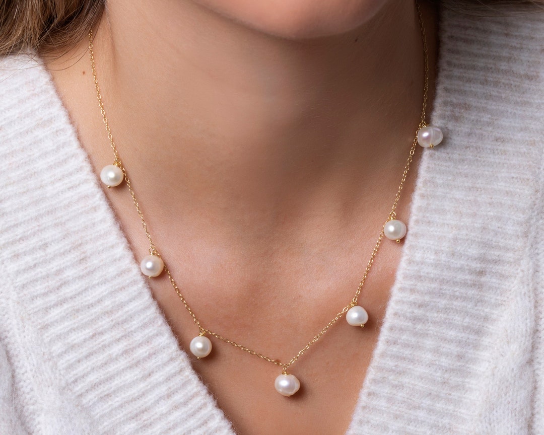 Dainty Gold Necklace With Freshwater Dangle Pearls for Women Dangle Pearl Necklace Genuine