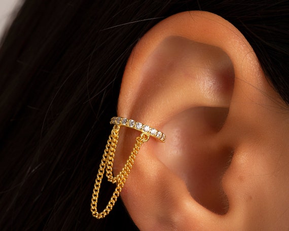 Dainty Ear Cuff Earrings With Dangling Chain and CZ Ear Clip 