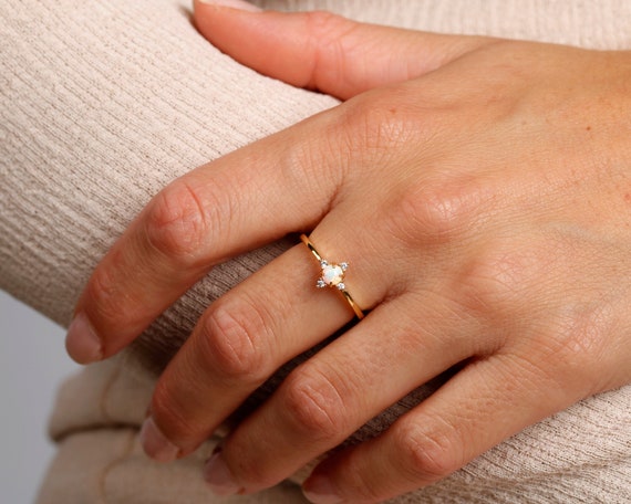 Jewelry 104 Delicate Opal Ring White Opal and CZ Ring Opal Stacking Ring Sterling Silver Opal Ring Dainty Opal Ring Bridesmaid Gift