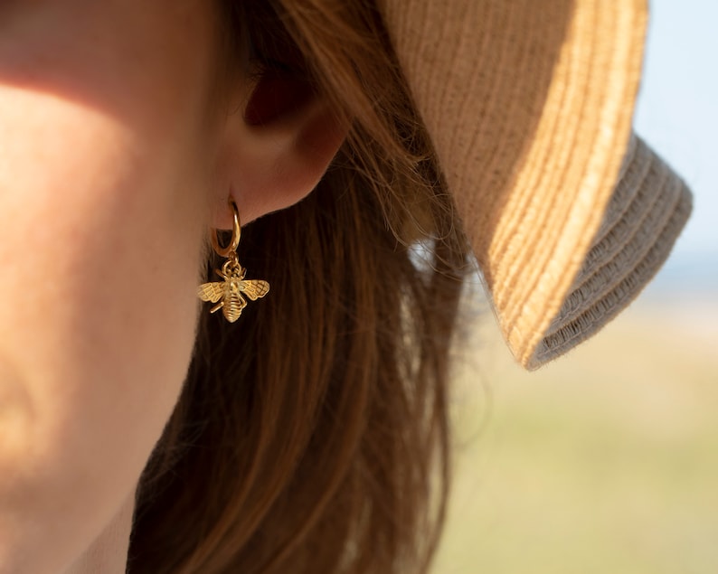 Bee hoop earrings gold 18k 925 sterling silver, Gold hoops, Dainty earrings, Hoop earring, Dangle hoop earrings, Gold earrings, Animal hoops image 5