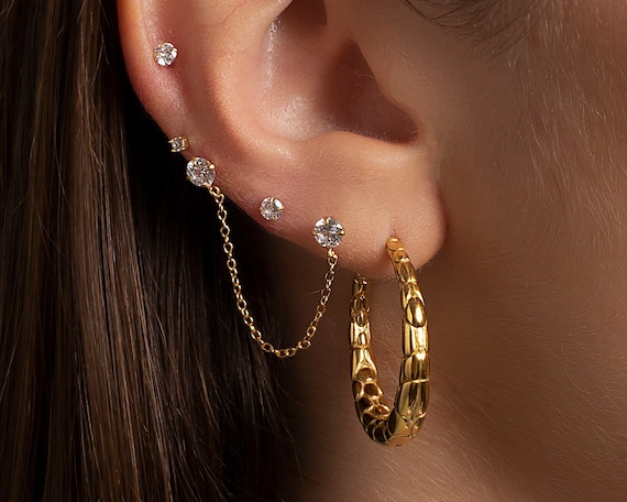 Dainty CZ Stud Earring with Chain: 18k Gold Plated Sterling Silver