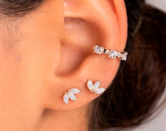 Marquise Opal Stud Earrings: 925 Sterling Silver Three Fire Opal Studs