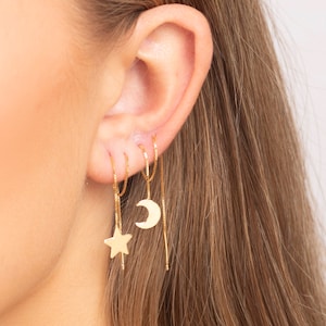 Dainty Moon & Star Threader Earring 18k Gold 925 Sterling silver | Threader Moon earring | Threader silver earring | Chain threader earring