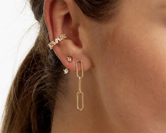 ペーパークリップチェーンドロップイヤリング、チェーンスタッド  