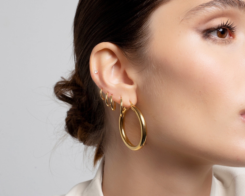 Chunky hoop earrings, 40mm hoop earrings, Large hoops, Gold hoops 18k gold plated stainless steel. image 1