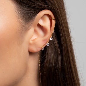 Threader earring with ear cuff and 4 dangling cz stones, Second earring with ear cuff, Chain earring with cz, Gold and dainty ear cuff image 5