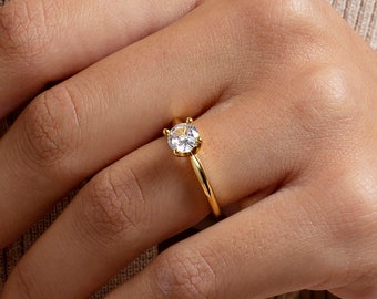 Dainty engagement ring with a prong round cubic zirconia stone, Dainty ring, Solitaire ring, Gold ring, Silver ring