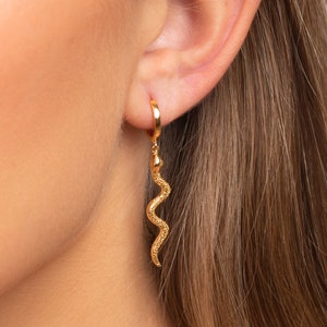 Huggie hoop earrings with a snake pendant, Snake gold earrings, Snake hoop earrings