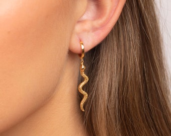 Huggie hoop earrings with a snake pendant, Snake gold earrings, Snake hoop earrings