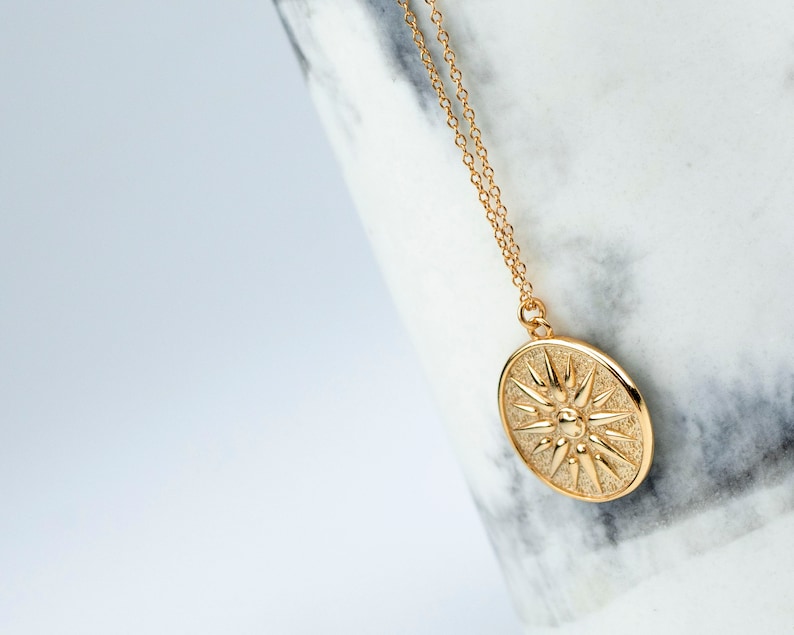 Sun medallion gold necklace Dainty necklace Engraved sun Etsy