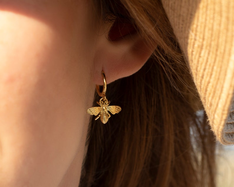 Bee hoop earrings gold 18k 925 sterling silver, Gold hoops, Dainty earrings, Hoop earring, Dangle hoop earrings, Gold earrings, Animal hoops image 1