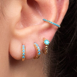 Huggie hoop earrings with turquoise stones · Cartilage turquoise hoop earrings · Gold dainty hoop earrings