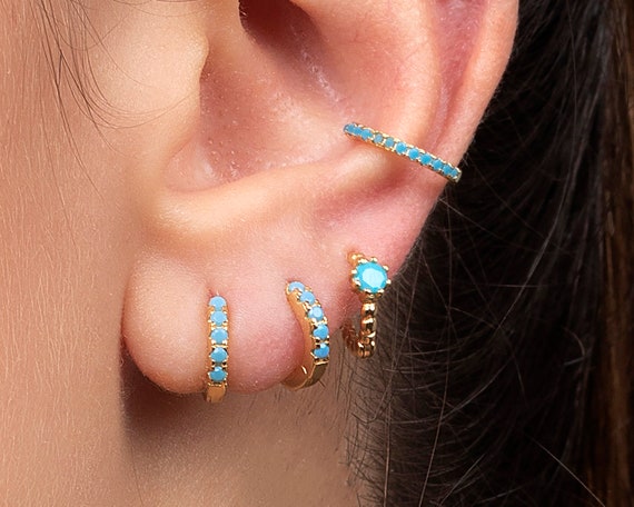 Huggie Hoop Earrings With Turquoise Stones Cartilage Turquoise Hoop Earrings  Gold Dainty Hoop Earrings - Etsy