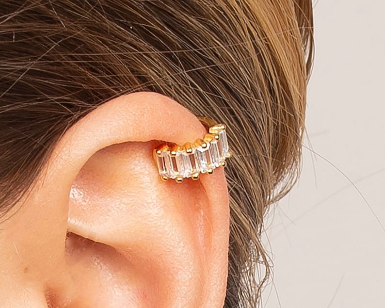 Dainty baguette cubic zirconia ear cuff earring, Baguette cz ear cuff gold, Rose gold ear cuff image 4