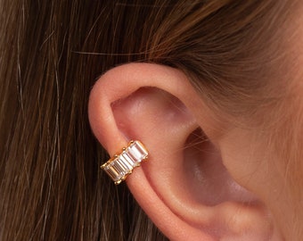 Dainty baguette cubic zirconia ear cuff earring, Baguette cz ear cuff gold, Rose gold ear cuff