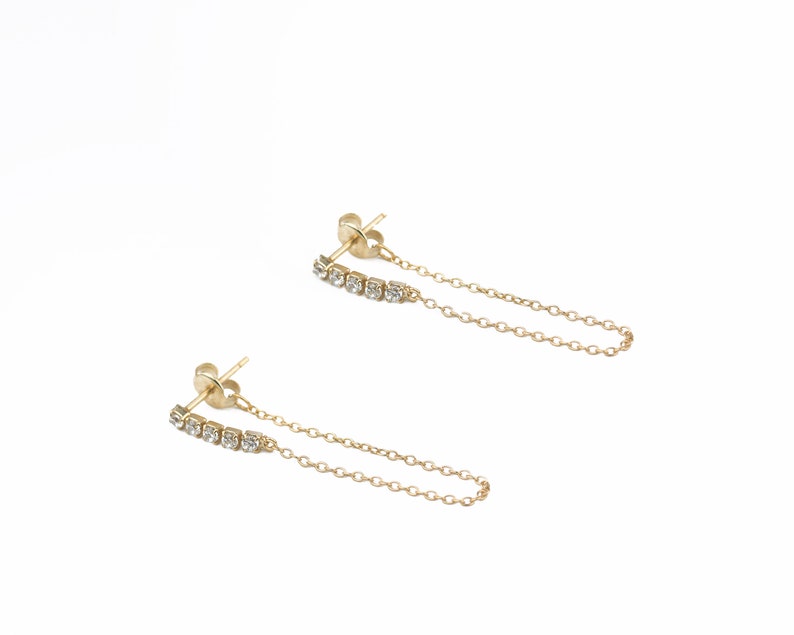 Dangle Threader Earrings Minimalist Cz Earrings Short Chain Etsy