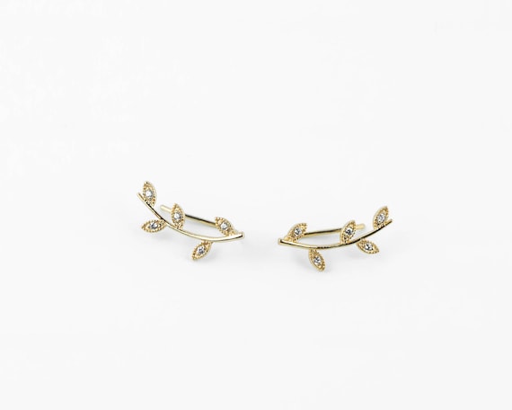 Dainty Gold Leaf Ear Climber Earrings: Sterling Silver CZ