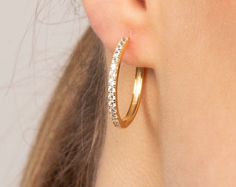 Dainty pave zirconia hoops, Large cz hoop earrings, Dainty earrings, Minimalist earrings, Thin hoops, Gold pave hoops