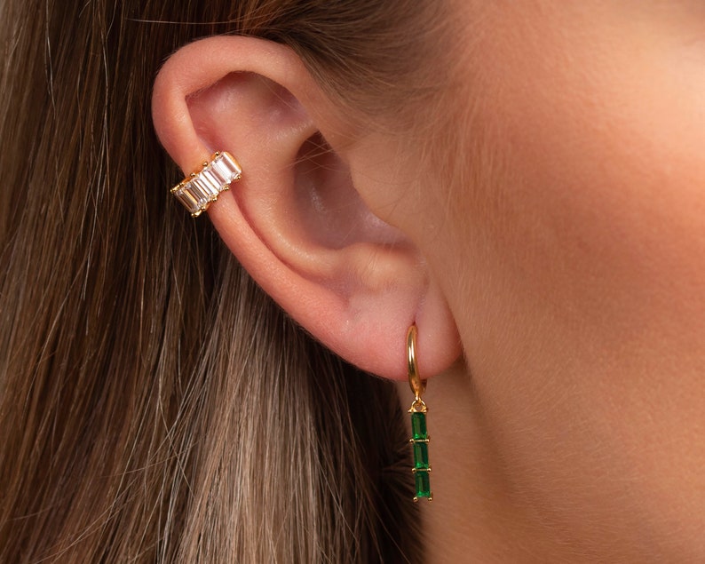 Dainty baguette cubic zirconia ear cuff earring, Baguette cz ear cuff gold, Rose gold ear cuff image 8
